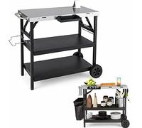 GiantexUK Folding Dining Cart, 3-Tier Mobile BBQ Table Trolley with Adjustable Shelf, Phone Stand, Spice Rack and Hooks, Outdoor Grilling Cooking Pizza Serving Cart