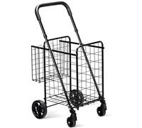 GiantexUK Folding Shopping Trolley, Height Adjustable Grocery Cart on Wheels with Dual Baskets & Anti-slip Handle, Metal Utility Push/Pull Trolley for Market Grocery Laundry (Black)