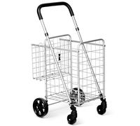 GiantexUK Folding Shopping Trolley, Height Adjustable Grocery Cart on Wheels with Dual Baskets & Anti-slip Handle, Metal Utility Push/Pull Trolley for Market Grocery Laundry (Silver)