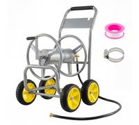GiantexUK Garden Hose Reel Cart, Heavy-Duty Metal Hose Pipe Trolley with 4 Wheels & Padded Handle, Holds 100m of 16mm/ 120m of 13mm Hose, Portable Hose Organizer for Outdoor Lawn Yard (Silver)