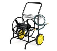 GiantexUK Garden Hose Trolley, Metal Hose Pipe Reel Cart with Wheels, Basket & Padded Handle, Holds 70m of 20mm/90m of 15mm Hose, Portable Mobile Water Hose Carts for Outdoor Lawn Yard (Black)