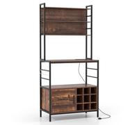 GiantexUK Kitchen Storage Rack, Wooden Baker’s Rack with Charging Station, Wine Bottle Holders, Cabinet & 4 Hooks, Industrial Microwave Stand Storage Shelf for Dining Living Room