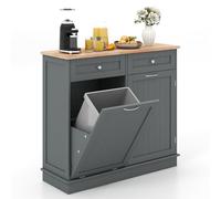 GiantexUK Kitchen Trash Bin Cabinet, Tilt Out Recycling Trash Can Cabinet with Rubber Wood Countertop, Adjustable Shelf & Drawers, Freestanding Garbage Can Holder for Laundry (Grey)