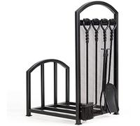 GiantexUK Metal Fireplace Log Rack, Heavy Duty Fireplace Log Holder with Tong, Brush, Shovel and Poker, Indoor Outdoor Fireside Wood Storage Kit with 4 Fireplace Tools Set