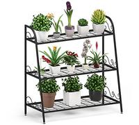 GiantexUK Metal Plant Stand, 3 Tier Flower Rack with Adjustable Footpads, Flowers Pot Display Shelf for Indoor & Outdoor