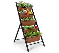 GiantexUK Raised Garden Bed, 5 Tier Vertical Ladder Planter with 5 Removable Trays, Wheels & Drain Holes, Elevated Flower Herb Growing Box for Indoor Outdoor (No Wheels, Brown, 57 x 75 x 121cm)