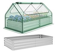 GiantexUK Raised Garden Bed with Greenhouse, 2 in 1 Galvanized Metal Rectangular Planter Box with Cover & Roll-up Windows, Bottomless Flower Herb Vegetable Grow Box (Green PE Cover, 180x90x91cm)