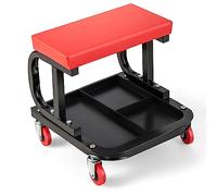 GiantexUK Rolling Mechanic Stool, Padded Creeper Trolley Seat with 4 Swivel Casters and Segmented Tool Tray Storage, Heavy Duty Workshop Stool for Garage Auto Repair Shop, 150 kg Load Capacity
