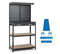 GiantexUK Workbench with Pegboard, Metal Frame Garage Work Bench with 13 Hanging Accessories, Drawer & 4-Tiers Shelves, Heavy Duty Tool Storage Station Unit for Warehouse Workshop (Blue + Black)