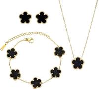 GiantGo 18K Gold Plated Clover Lucky Bracelet Clover Earrings Clover Necklace for Women White/Black/Red/Green Flower Four Leaf Link Bracelets Trendy Jewelry Gifts for Women 3 PCS