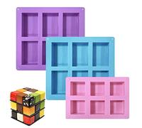 GiantGo Silicone Soap Moulds -2 Pcs Rectangle & -1 Pcs Square, 6-Cavity Cake Loaf Baking Pans, Chocolate Candy Ice Cube Trays Handmade DIY - Blue, Purple, Pink