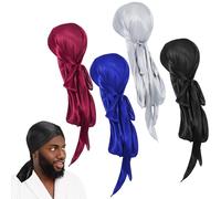 Giantree 4 Pcs Silky Durags for Men Women, Premium Fabric Durags with Long Tail and Wide Straps Breathable Wave Formation Cap for Men Women All Hair Types(Black, Silver Gray, Royal Blue, Wine Red)