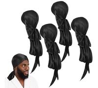 Giantree 4 Pcs Silky Durags for Men Women, Premium Fabric Durags with Long Tail and Wide Straps Breathable Wave Formation Cap for Men Women All Hair Types(Black)