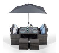 Giardino Rattan 4 Seater Cube Dining Table & Chairs Set with 4 Stools & Parasol - Grey