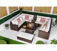 Giardino Havana 8 Seat Modular Sofa Rattan Garden Furniture Set Outdoor Drinks Cooler & Fire Pit Coffee Table, Bench - 8 Seater - Brown - 1