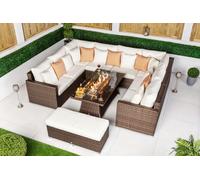 Giardino Havana 8 Seat Modular Sofa Rattan Garden Furniture Set Outdoor Fire Pit Coffee Table & Bench - 8 Seater - Brown - 1