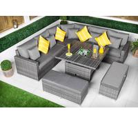 Giardino Santorini 5 Seat Modular Corner Sofa Rattan Garden Furniture Set Outdoor Adjustable Drinks Cooler Coffee Table & 2 Benches - Grey