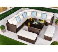Giardino Santorini 5 Seat Modular Corner Sofa Rattan Garden Furniture Set Outdoor Adjustable Drinks Cooler Coffee Table & 2 Benches - Brown