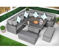 Giardino Santorini 5 Seat Modular Corner Sofa Rattan Garden Furniture Set Outdoor Height Adjustable Coffee Table + 2 X Benches - Grey