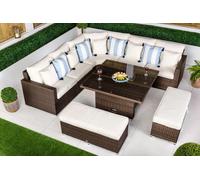 Giardino Santorini 5 Seat Modular Corner Sofa Rattan Garden Furniture Set Outdoor Height Adjustable Coffee Table + 2 x benches - 5 Seater - Brown - 1
