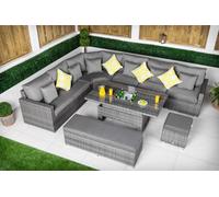 Giardino Santorini 6 Seat Modular Corner Sofa Rattan Garden Furniture Set Outdoor Adjustable Drinks Cooler Coffee Table & Bench - Grey