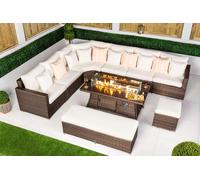 Giardino Santorini 6 Seat Modular Corner Sofa Rattan Garden Furniture Set Outdoor Fire Pit Coffee Table, Bench and Stool - 6 Seater - Brown - 1
