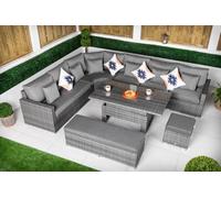 Giardino Santorini 6 Seat Modular Corner Sofa Rattan Garden Furniture Set Outdoor Height Adjustable Coffee Table, Bench And Stool - Grey