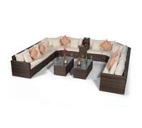 Giardino Santorini U Shape Modular 10 Seat Rattan Sofa Set With Armrest Drinks Cooler & 2 Coffee Tables - Brown - 1