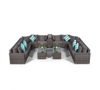 Giardino Santorini U Shape Modular 10 Seat Rattan Sofa Set With Armrest Drinks Cooler & 2 Coffee Tables - Grey - 1