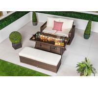 Giardino Sydney 2 Seat Loveseat Sofa Rattan Garden Furniture Set Outdoor With Fire Pit Coffee Table & Bench - 2 Seater - Brown - 1