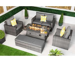 Giardino Sydney Loveseat Sofa Rattan Garden Furniture Outdoor Lounge Set with Arm Chairs, Fire Pit Coffee Table & Bench - Grey - 1