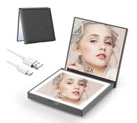 Giazee Compact LED Makeup Mirror, Rechargeable Pocket Mirror with 1X/2X Magnification, 3-Color LED Light, Memory Function, Portable Travel Handheld Mirror - Black