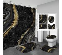 Gibelle 4 Pcs Luxury Marble Shower Curtain Set with Non-Slip Rugs, Toilet Lid Cover and Bath Mat, Black Gold Bathroom Decor Set with Shower Curtain and Rugs and Accessories