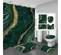 Gibelle 4 Pcs Luxury Marble Shower Curtain Set with Non-Slip Rugs, Toilet Lid Cover and Bath Mat, Gold Foil Emerald Green Bathroom Decor Set with Shower Curtain and Rugs and Accessories