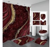 Gibelle 4 Pcs Luxury Marble Shower Curtain Set with Non-Slip Rugs, Toilet Lid Cover and Bath Mat, Gold Foil Red Bathroom Decor Set with Shower Curtain and Rugs and Accessories