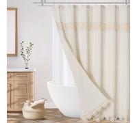 Gibelle Boho Farmhouse Shower Curtain Set, Linen Cotton Fabric Shower Curtain with Macrame Lace Decor, Modern Bohemian French Country Chic Bathroom Curtain with PEVA Liner 72x72 - Beige/Cream