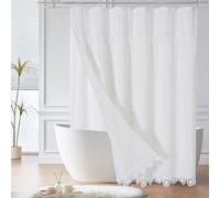 Gibelle Boho Farmhouse Shower Curtain Set, Linen Cotton Fabric Shower Curtain with Macrame Lace Decor, Modern Bohemian French Country Chic Bathroom Curtain with PEVA Liner 72x72 - White