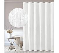 Gibelle Extra Long Shower Curtain 72 x 84, Tall 3D Embossed Textured White Fabric Shower Curtain for Bathroom, Modern Farmhouse Boho Ruffle Like Decorative Shower Curtain Set with Hooks