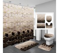 Gibelle Shower Curtain Set, Medium Brown Gradient Gold Cubic Lines, 4 Pcs Bathroom Decor with Curtain, Rugs, Toilet Lid Cover, Bath Mat, Accessories