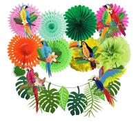 Gibocot 15 Pcs Hawaiian Paper Decorations, Tropical Birds Honeycomb Parrot 8.2ft Tropical Palm Leaves Garland Bunting Green Pom Poms Hanging Paper Fans for Summer Luau Jungle Theme Party
