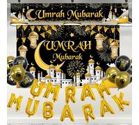 Gibocot 24pcs Umrah Mubarak Decoration Set Includes Banner Large Black Gold Backdrop & Balloons for Islamic Muslim Eid Umrah Mubarak Gifts Ramadan Party Supplies