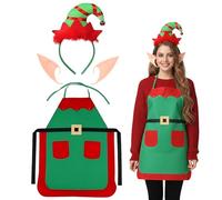 Gibocot 3 Pack Christmas Elf Apron Set with Elf Hat Headband & Ears, Waterproof Kitchen Apron for Adults, Xmas Family Dinner Baking Cooking BBQ Party, Christmas Chef Gift for Women & Men
