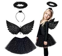 Gibocot 3 Piece Girls Fallen Angel Costume Set with Black Tutu Skirt, Dark Angel Wings & Halo, Halloween Fancy Dress Outfit for 3-8y Kids Trick or Treat Cosplay Carnival Nativity Book Day