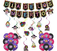 Gibocot 31 PCS Day of The Dead Decorations - Dia de Los Muertos Banner Sugar Skull Balloons Halloween Skeleton Hanging Swirls for Ceiling Wall Ofrenda Decor Mexican Fiesta Party Supplies