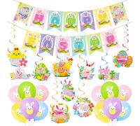 Gibocot 37Pcs Easter Decorations Home, Happy Easter Bunting Banner & Easter Bunny Egg Chick Hanging Foil Swirl Streamers & Easter Balloons for Kindergarten Home School Easter Party Supplies