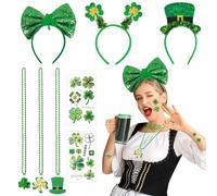Gibocot 8pcs St. Patrick's Day Accessories Set for Adult Kids with St Patricks Day Headbands Shamrock Necklaces Four Leaf Clover Temporary Tattoos for St. Patrick's Lucky Irish Party Favors