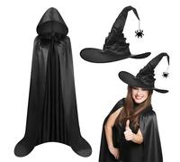 Gibocot Black Witch Costume for Women Adults - 2 Piece Halloween Outfit with 150cm Hooded Cape & Pointed Hat, Fancy Dress UK for Cosplay & Parties (160-180cm | 5'3"-5'11")