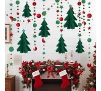 Gibocot Christmas Bunting Decorations - 6pcs Christmas Tree Paper Honeycomb Ornaments with 2pcs Red Green Banner Garlands for Xmas Winter Holiday Party Home Office Decorations, Reusable