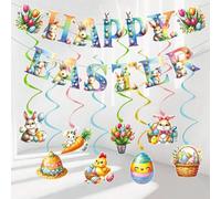 Gibocot Easter Decorations Home 2pcs Happy Easter Bunny Bunting & 16pcs Easter Rabbit Egg Chick Hanging Swirl, Easter Banner Foil Streamers for Easter Home School Party Supplies
