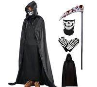 Gibocot Grim Reaper Costume Adult Men - 4 PCS Halloween Scary Fancy Dress Set with 175cm Black Hooded Cloak, Scythe, Skeleton Mask & Gloves for Haunted House Cosplay Parties
